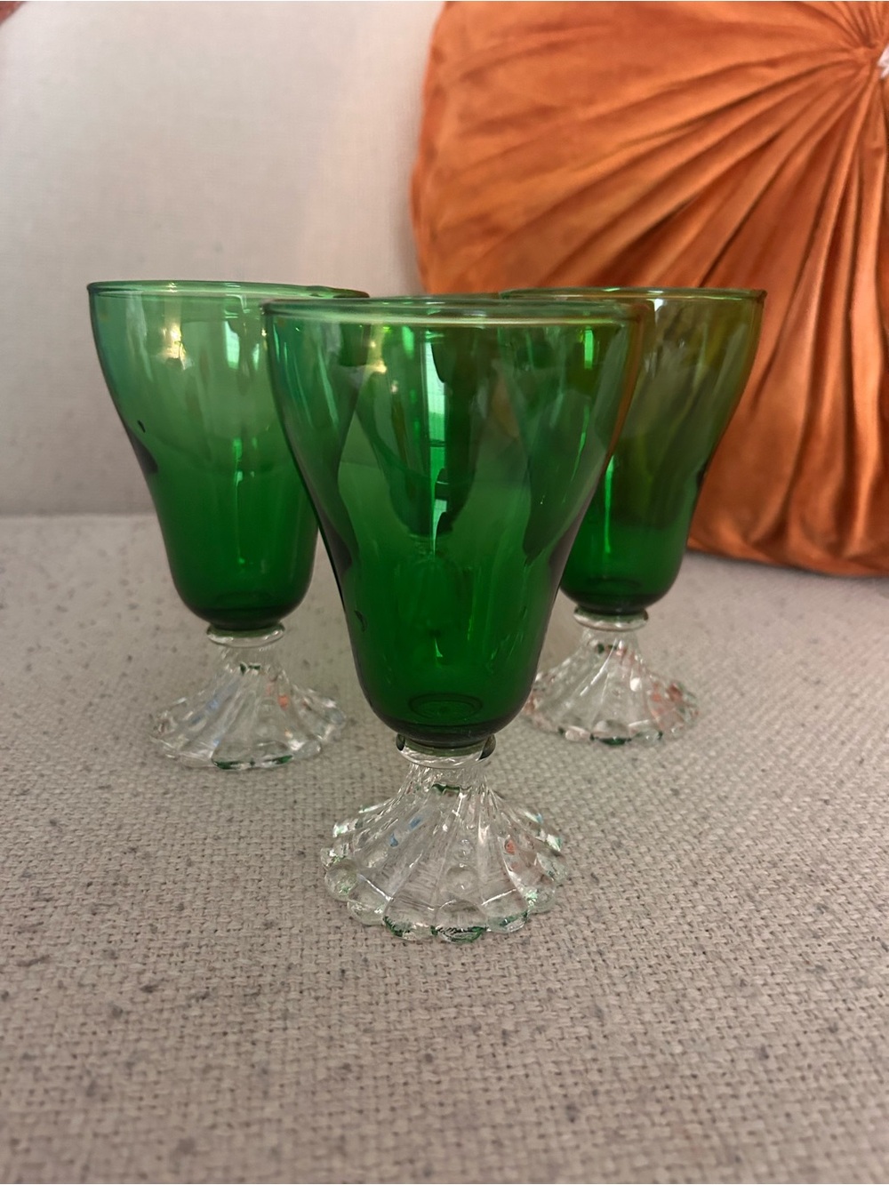 Anchor Hocking Emerald Green Goblets with Clear Floral Stems Set of 4